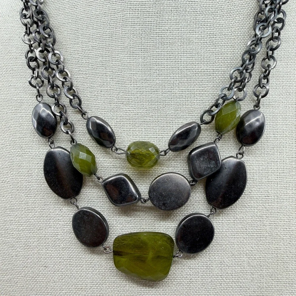 Green Faceted Bead Silver Tone Multi Strand Chunky Statement Bib Necklace Boho